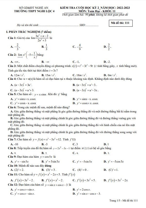 Đề cuối học kì 2 (HK2) lớp 11 môn Toán năm 2022 2023 trường THPT Nghi Lộc 4 Nghệ An