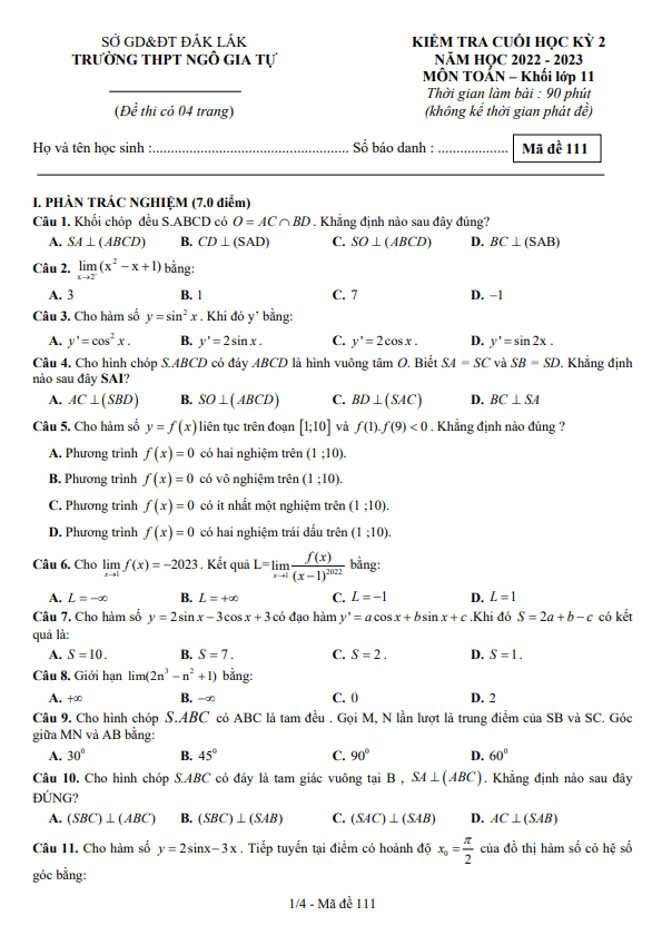Đề cuối học kì 2 (HK2) lớp 11 môn Toán năm 2022 2023 trường THPT Ngô Gia Tự Đắk Lắk