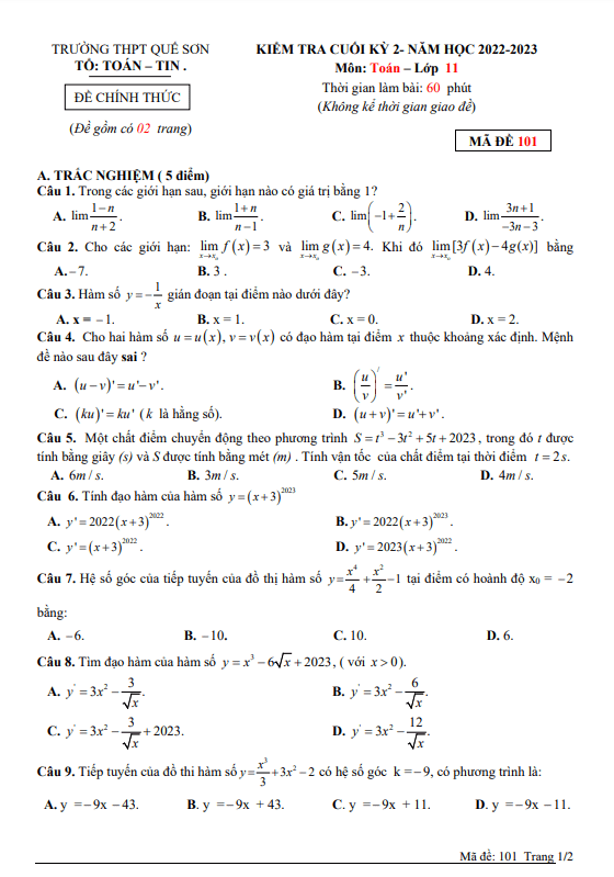 Đề cuối học kì 2 (HK2) lớp 11 môn Toán năm 2022 2023 trường THPT Quế Sơn Quảng Nam