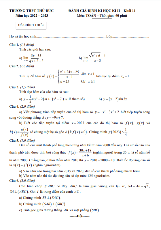 Đề cuối học kì 2 (HK2) lớp 11 môn Toán năm 2022 2023 trường THPT Thủ Đức TP HCM