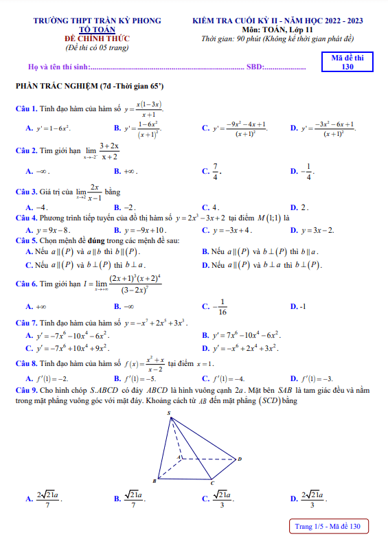 Đề cuối học kì 2 (HK2) lớp 11 môn Toán năm 2022 2023 trường THPT Trần Kỳ Phong Quảng Ngãi