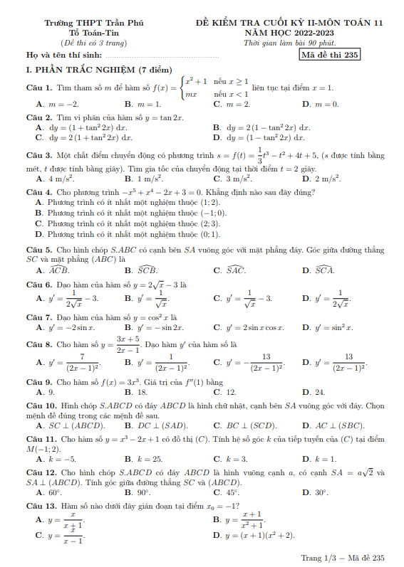 Đề cuối học kì 2 (HK2) lớp 11 môn Toán năm 2022 2023 trường THPT Trần Phú Phú Yên