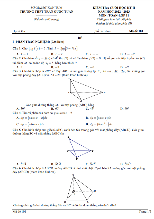 Đề cuối học kì 2 (HK2) lớp 11 môn Toán năm 2022 2023 trường THPT Trần Quốc Tuấn Kon Tum