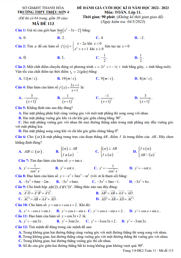 Đề cuối học kì 2 (HK2) lớp 11 môn Toán năm 2022 2023 trường THPT Triệu Sơn 4 Thanh Hóa
