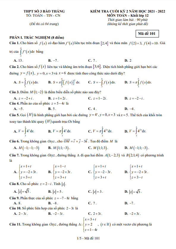 Đề cuối học kì 2 (HK2) lớp 12 môn Toán năm 2021 2022 trường THPT Bảo Thắng 3 Lào Cai
