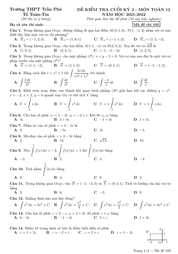 Đề cuối học kì 2 (HK2) lớp 12 môn Toán năm 2021 2022 trường THPT Trần Phú Phú Yên