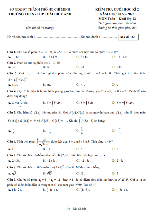 Đề cuối học kì 2 (HK2) lớp 12 môn Toán năm 2022 2023 trường Đào Duy Anh TP HCM