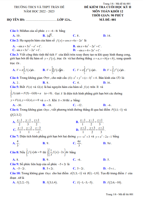 Đề cuối học kì 2 (HK2) lớp 12 môn Toán năm 2022 2023 trường THCS THPT Trần Đề Sóc Trăng