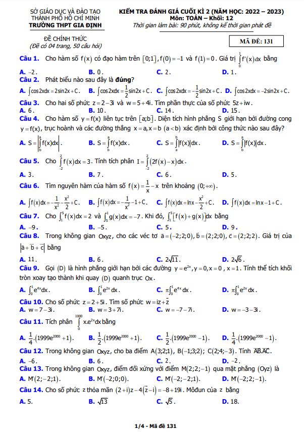 Đề cuối học kì 2 (HK2) lớp 12 môn Toán năm 2022 2023 trường THPT Gia Định TP HCM
