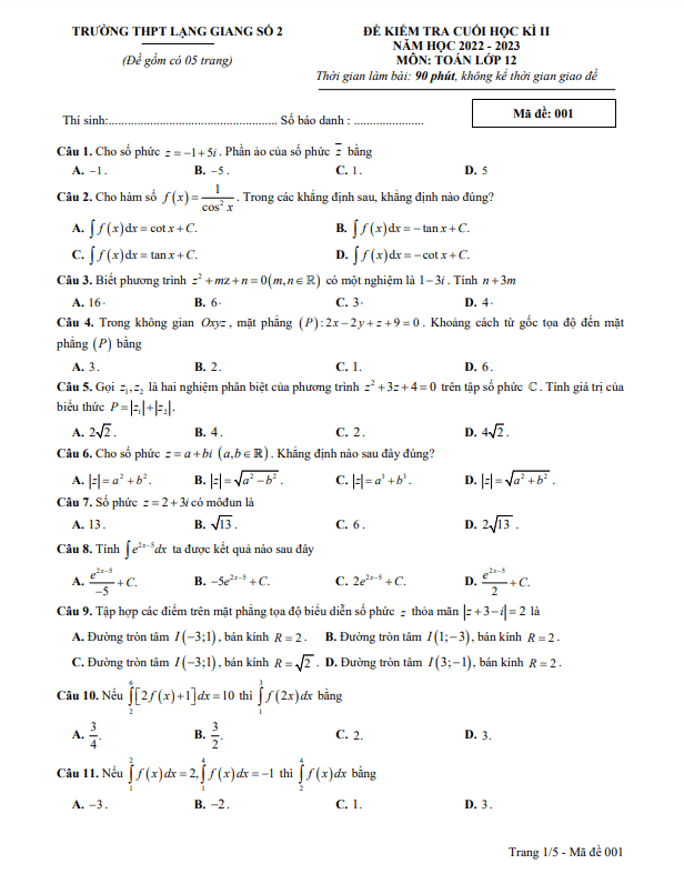 Đề cuối học kì 2 (HK2) lớp 12 môn Toán năm 2022 2023 trường THPT Lạng Giang 2 Bắc Giang
