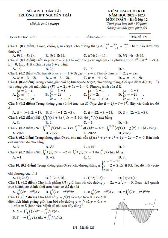 Đề cuối học kì 2 (HK2) lớp 12 môn Toán năm 2022 2023 trường THPT Nguyễn Trãi Đắk Lắk