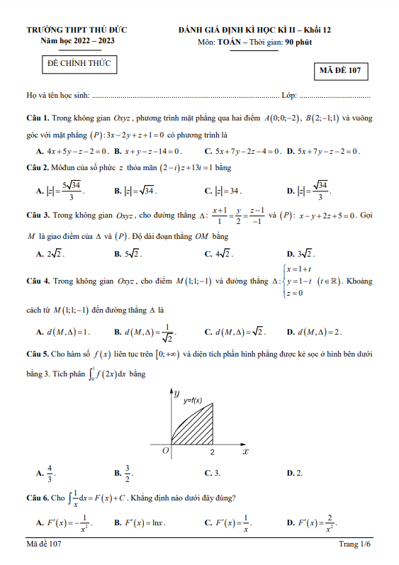 Đề cuối học kì 2 (HK2) lớp 12 môn Toán năm 2022 2023 trường THPT Thủ Đức TP HCM