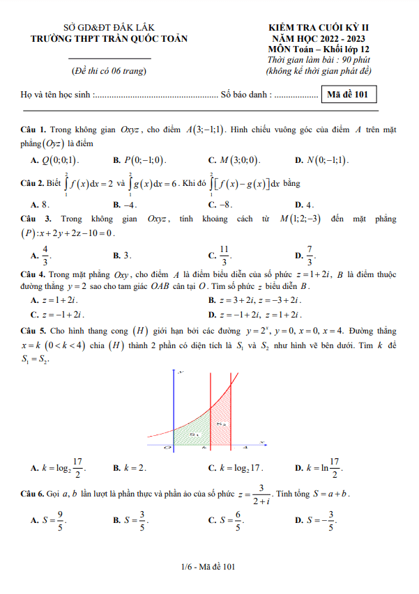 Đề cuối học kì 2 (HK2) lớp 12 môn Toán năm 2022 2023 trường THPT Trần Quốc Toản Đắk Lắk