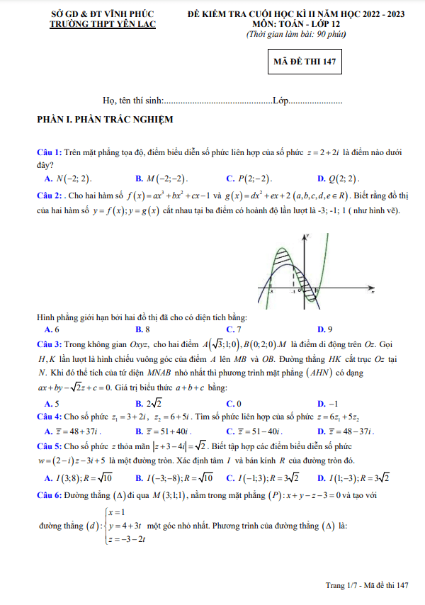 Đề cuối học kì 2 (HK2) lớp 12 môn Toán năm 2022 2023 trường THPT Yên Lạc Vĩnh Phúc