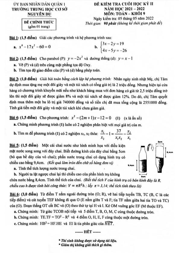Đề cuối học kì 2 (HK2) lớp 9 môn Toán năm 2021 2022 trường THCS Nguyễn Du TP HCM