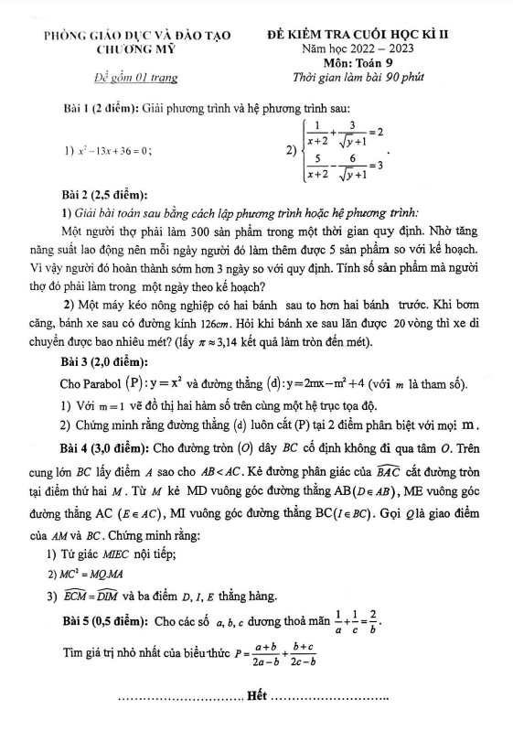 Đề cuối học kì 2 (HK2) lớp 9 môn Toán năm 2022 2023 phòng GD ĐT Chương Mỹ Hà Nội