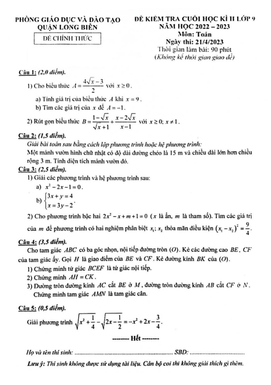 Đề cuối học kì 2 (HK2) lớp 9 môn Toán năm 2022 2023 phòng GD ĐT Long Biên Hà Nội