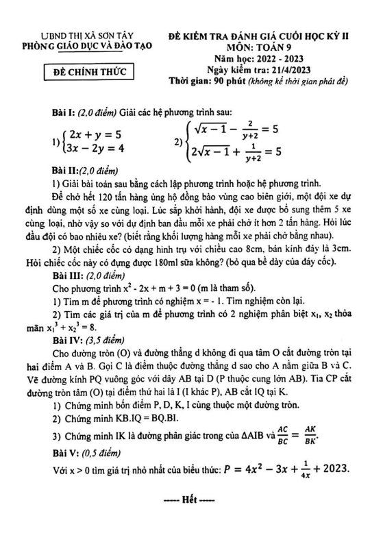 Đề cuối học kì 2 (HK2) lớp 9 môn Toán năm 2022 2023 phòng GD ĐT Sơn Tây Hà Nội