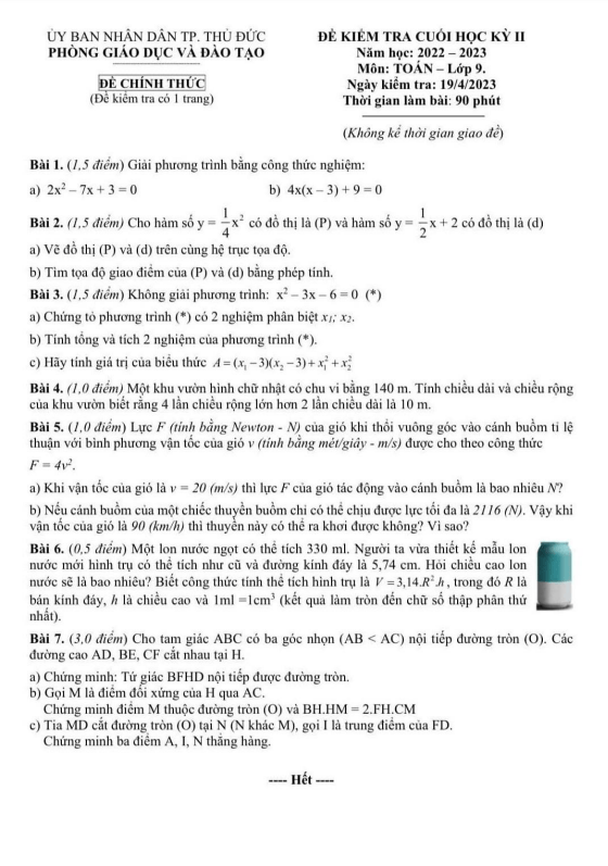 Đề cuối học kì 2 (HK2) lớp 9 môn Toán năm 2022 2023 phòng GD ĐT Thủ Đức TP HCM