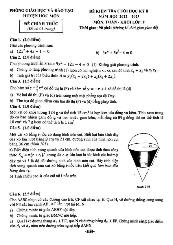 Đề cuối học kì 2 (HK2) Toán 9 năm 2022 2023 phòng GD ĐT Hóc Môn TP HCM