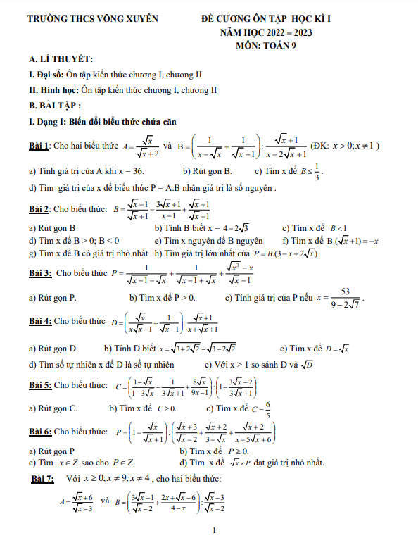 Đề cương cuối học kì 1 (HK1) lớp 9 môn Toán năm 2022 2023 trường THCS Võng Xuyên Hà Nội