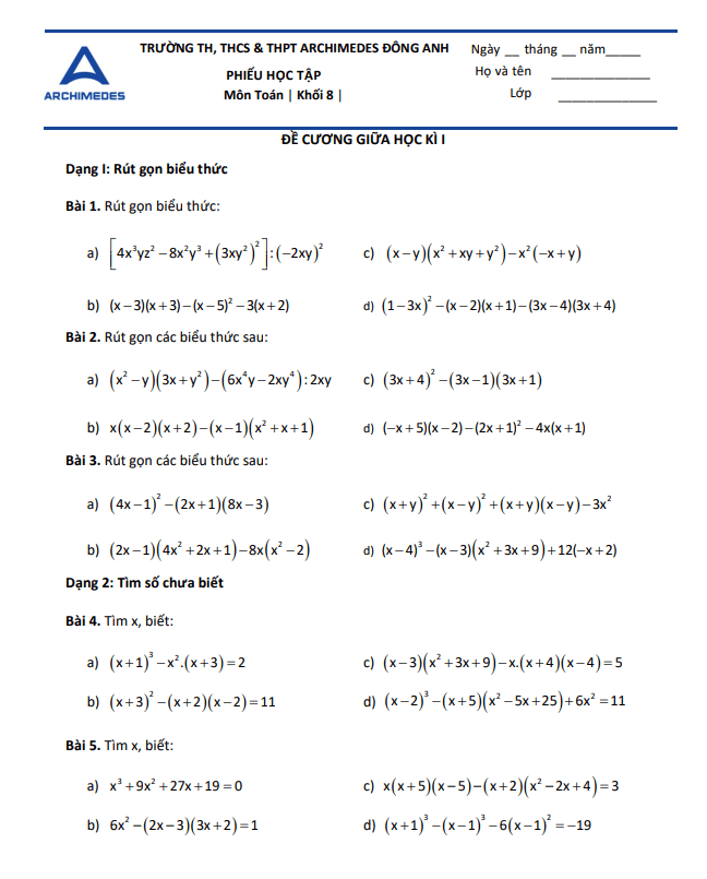 Đề cương giữa học kì 1 (HK1) lớp 8 môn Toán năm 2023 2024 trường Archimedes Đông Anh Hà Nội