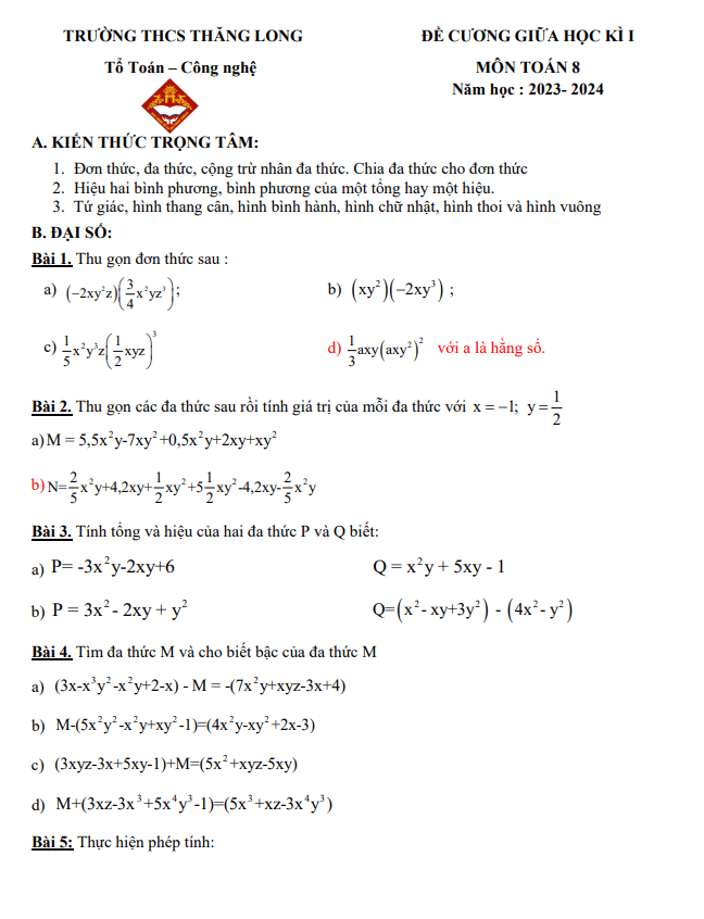 Đề cương giữa học kì 1 (HK1) lớp 8 môn Toán năm 2023 2024 trường THCS Thăng Long Hà Nội