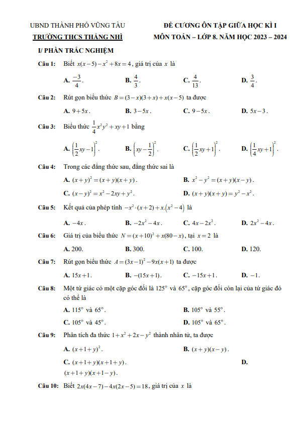 Đề cương giữa học kì 1 (HK1) lớp 8 môn Toán năm 2023 2024 trường THCS Thắng Nhì BR VT