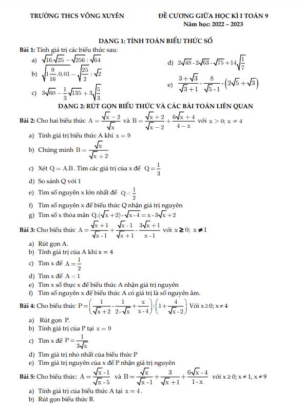 Đề cương giữa học kì 1 (HK1) lớp 9 môn Toán năm 2022 2023 trường THCS Võng Xuyên Hà Nội