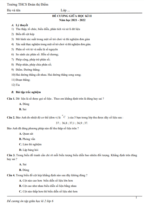 Đề cương giữa học kì 2 (HK2) lớp 6 môn Toán năm 2021 2022 trường THCS Đoàn Thị Điểm Hà Nội
