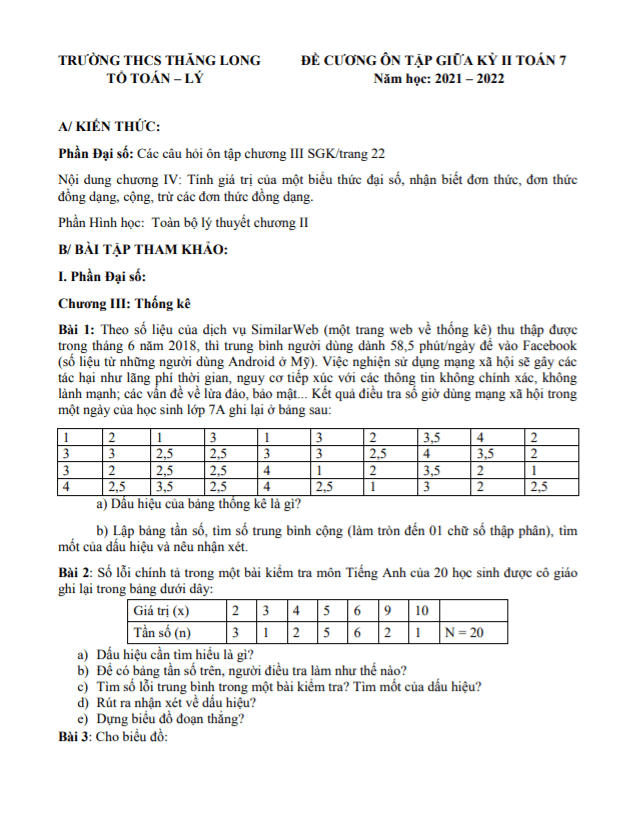 Đề cương giữa học kì 2 (HK2) lớp 7 môn Toán năm 2021 2022 trường THCS Thăng Long Hà Nội