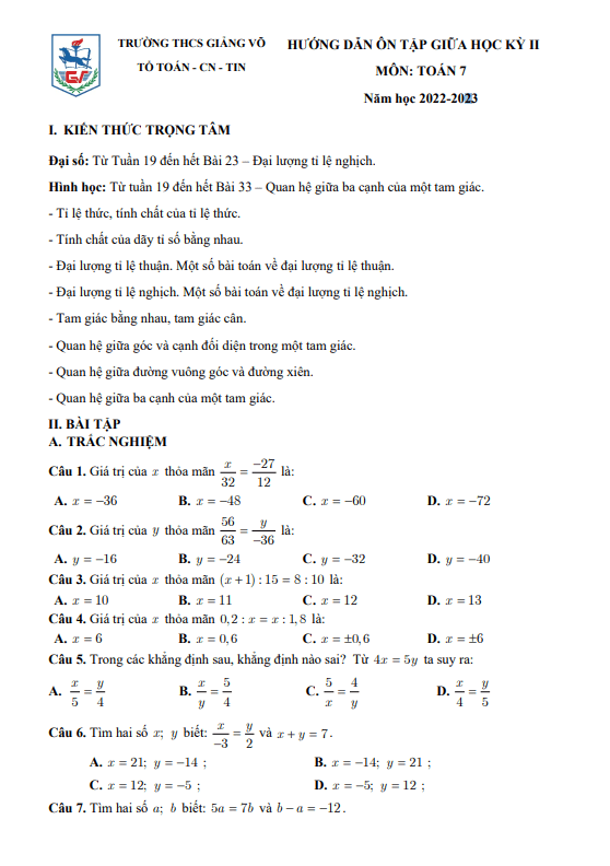 Đề cương giữa học kì 2 (HK2) lớp 7 môn Toán năm 2022 2023 trường THCS Giảng Võ Hà Nội