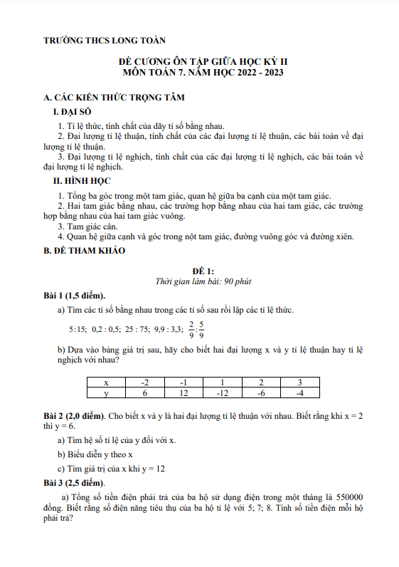 Đề cương giữa học kì 2 (HK2) lớp 7 môn Toán năm 2022 2023 trường THCS Long Toàn BR VT