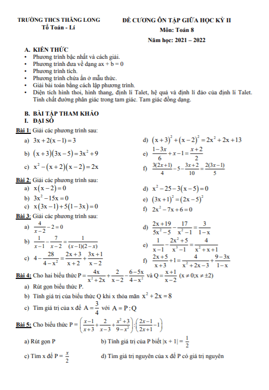 Đề cương giữa học kì 2 (HK2) lớp 8 môn Toán năm 2021 2022 trường THCS Thăng Long Hà Nội