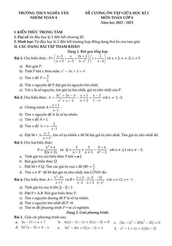 Đề cương giữa học kì 2 (HK2) lớp 8 môn Toán năm 2022 2023 trường THCS Nghĩa Tân Hà Nội