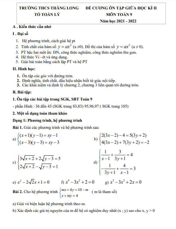 Đề cương giữa học kì 2 (HK2) lớp 9 môn Toán năm 2021 2022 trường THCS Thăng Long Hà Nội