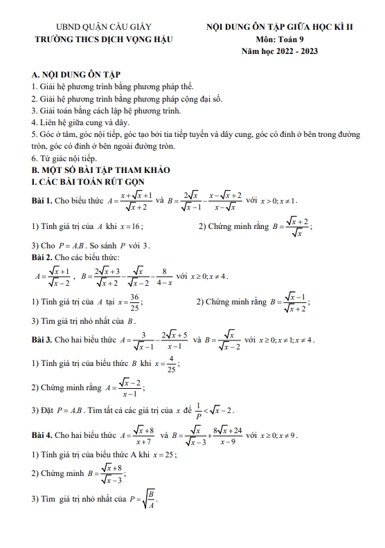 Đề cương giữa học kì 2 (HK2) lớp 9 môn Toán năm 2022 2023 trường THCS Dịch Vọng Hậu Hà Nội