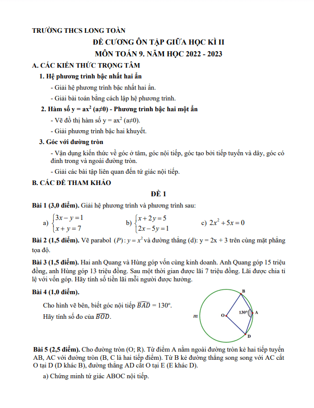 Đề cương giữa học kì 2 (HK2) lớp 9 môn Toán năm 2022 2023 trường THCS Long Toàn BR VT