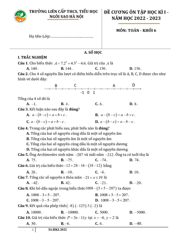 Đề cương học kì 1 (HK1) lớp 6 môn Toán năm 2022 2023 trường TH THCS Ngôi Sao Hà Nội