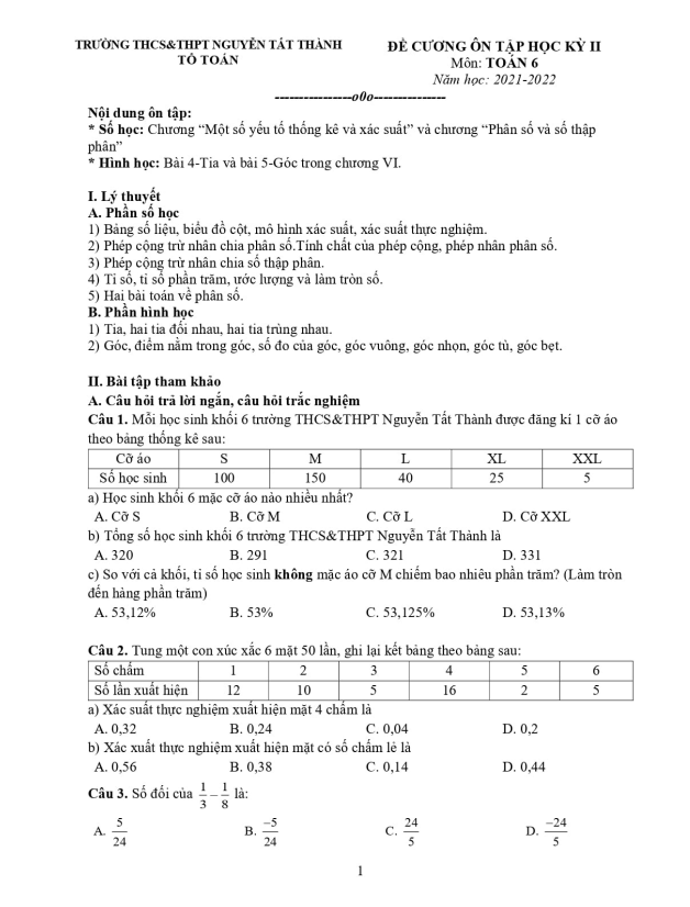 Đề cương học kì 2 (HK2) lớp 6 môn Toán năm 2021 2022 trường Nguyễn Tất Thành Hà Nội
