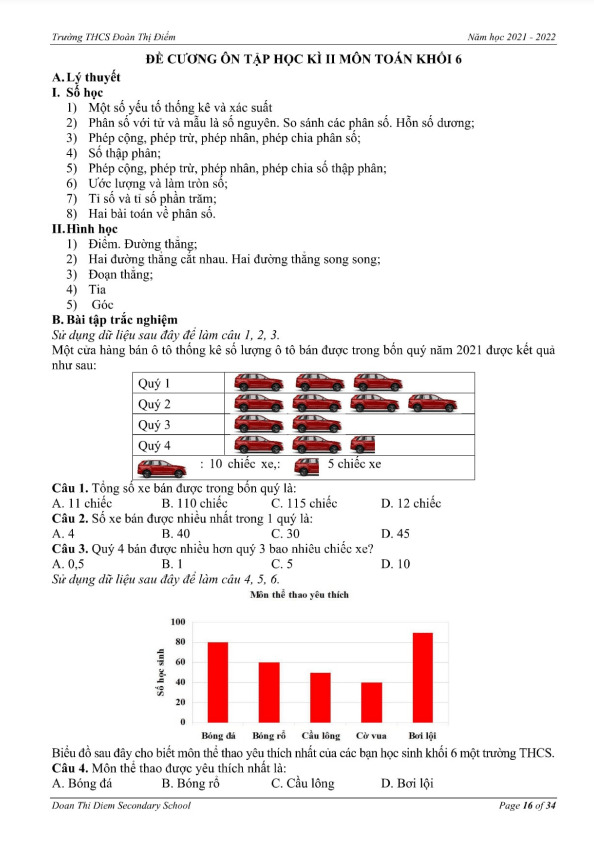 Đề cương học kì 2 (HK2) lớp 6 môn Toán năm 2021 2022 trường THCS Đoàn Thị Điểm Hà Nội