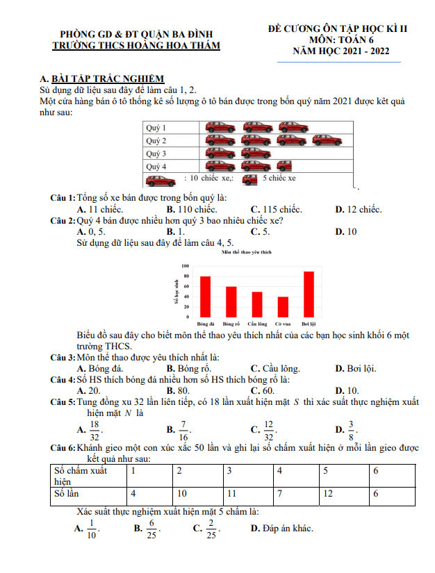 Đề cương học kì 2 (HK2) lớp 6 môn Toán năm 2021 2022 trường THCS Hoàng Hoa Thám Hà Nội