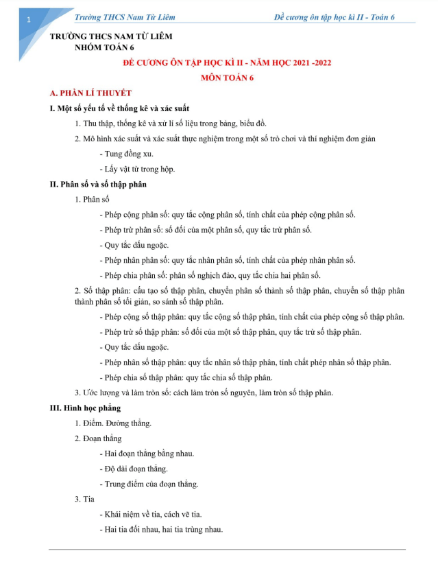 Đề cương học kì 2 (HK2) lớp 6 môn Toán năm 2021 2022 trường THCS Nam Từ Liêm Hà Nội