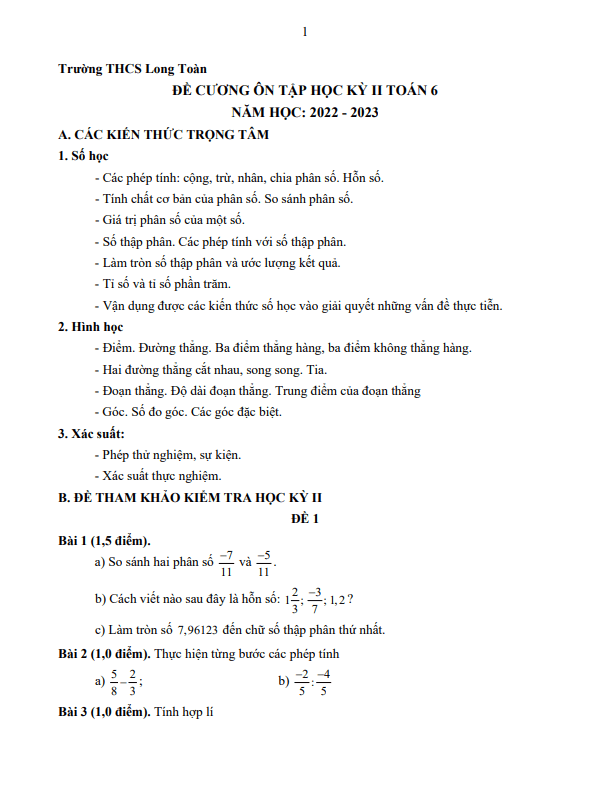 Đề cương học kì 2 (HK2) lớp 6 môn Toán năm 2022 2023 trường THCS Long Toàn BR VT