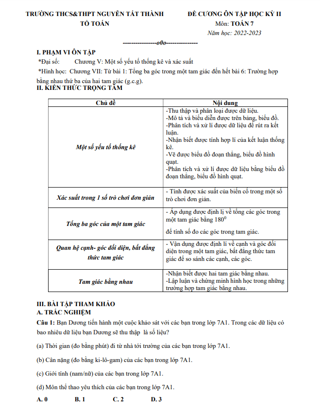 Đề cương học kì 2 (HK2) lớp 7 môn Toán năm 2022 2023 trường Nguyễn Tất Thành Hà Nội