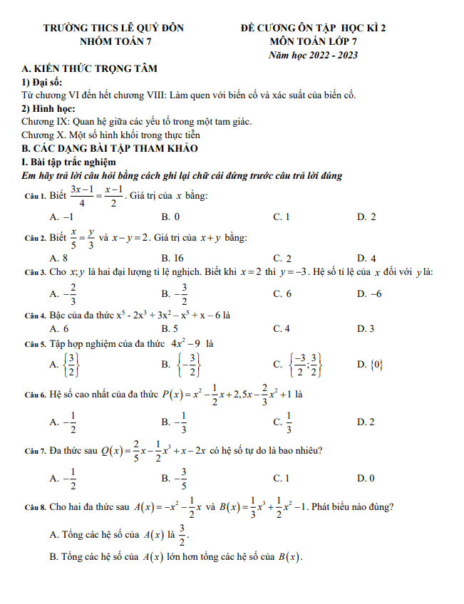 Đề cương học kì 2 (HK2) lớp 7 môn Toán năm 2022 2023 trường THCS Lê Quý Đôn Hà Nội