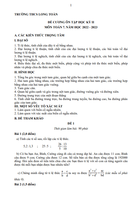 Đề cương học kì 2 (HK2) lớp 7 môn Toán năm 2022 2023 trường THCS Long Toàn BR VT
