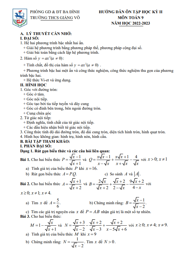 Đề cương học kì 2 (HK2) lớp 9 môn Toán năm 2022 2023 trường THCS Giảng Võ Hà Nội