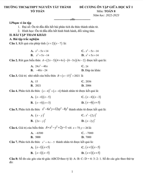 Đề cương lớp 8 môn Toán giữa học kì 1 (HK1) năm 2022 2023 trường Nguyễn Tất Thành Hà Nội