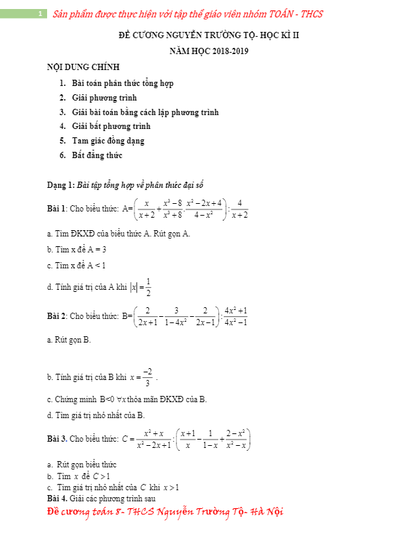 Đề cương lớp 8 môn Toán học kì 2 (HK2) năm 2018 2019 trường THCS Nguyễn Trường Tộ Hà Nội